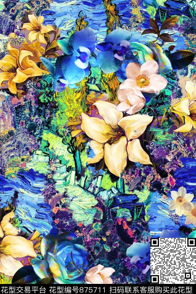 抽象油画花卉数码印花华亿平台下载（图片编号: 875711） - 瓦栏（Walan）
