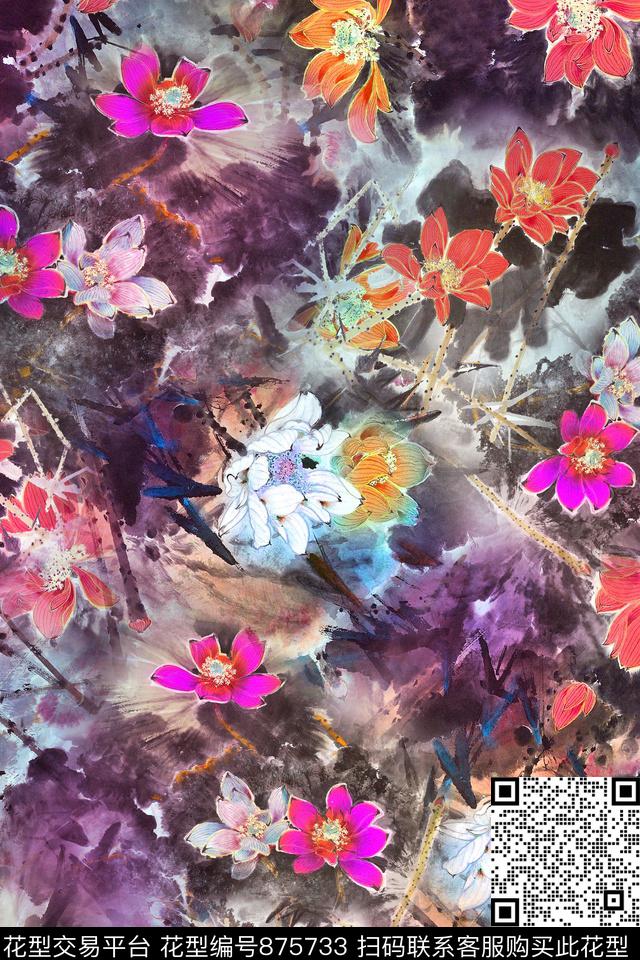 大花抽象花荷花数码印花华亿平台下载（图片编号: 875733） - 瓦栏（Walan）