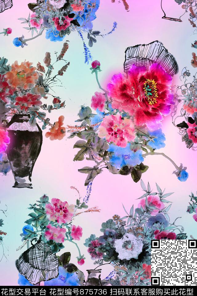 牡丹大花抽象花数码印花华亿平台下载（图片编号: 875736） - 瓦栏（Walan）