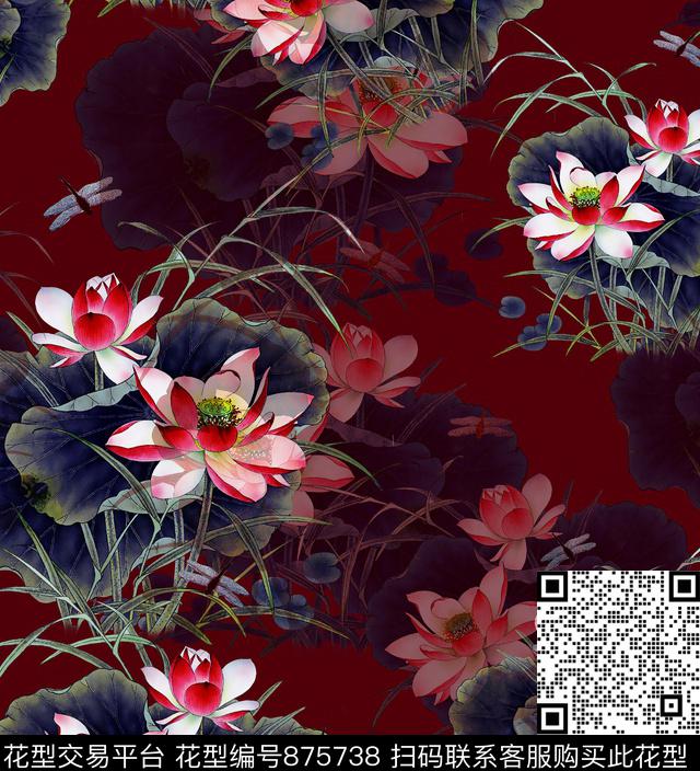简单大气花卉荷花数码印花华亿平台下载（图片编号: 875738） - 瓦栏（Walan）