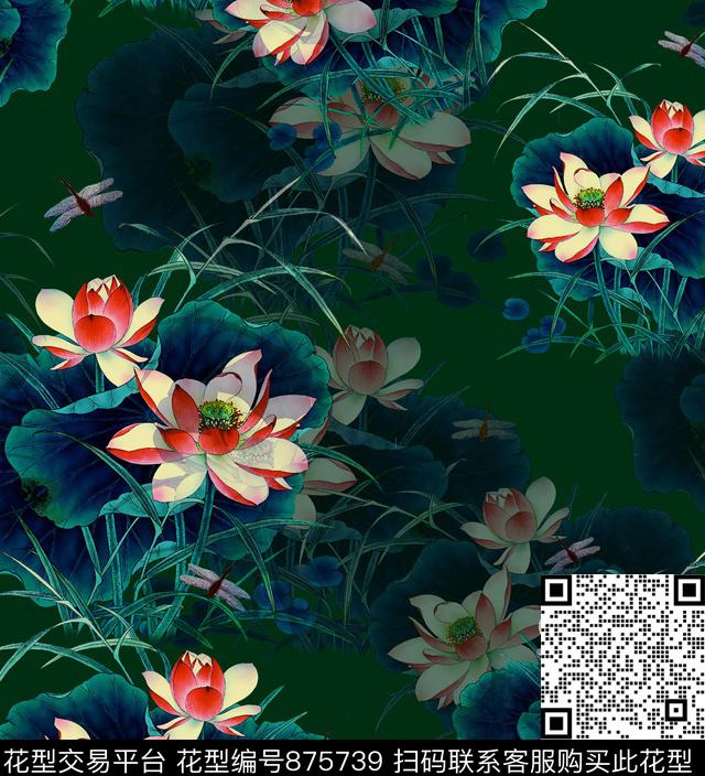 简单大气花卉荷花数码印花华亿平台下载（图片编号: 875739） - 瓦栏（Walan）