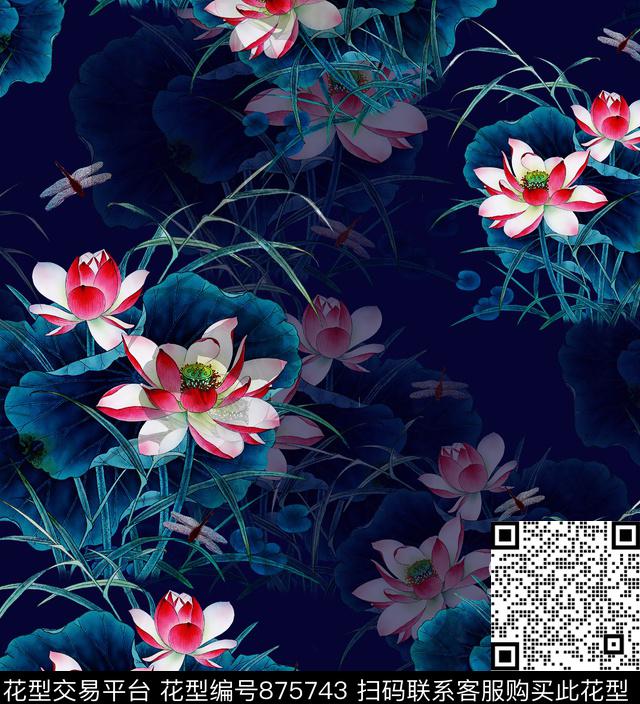 简单大气花卉荷花数码印花华亿平台下载（图片编号: 875743） - 瓦栏（Walan）