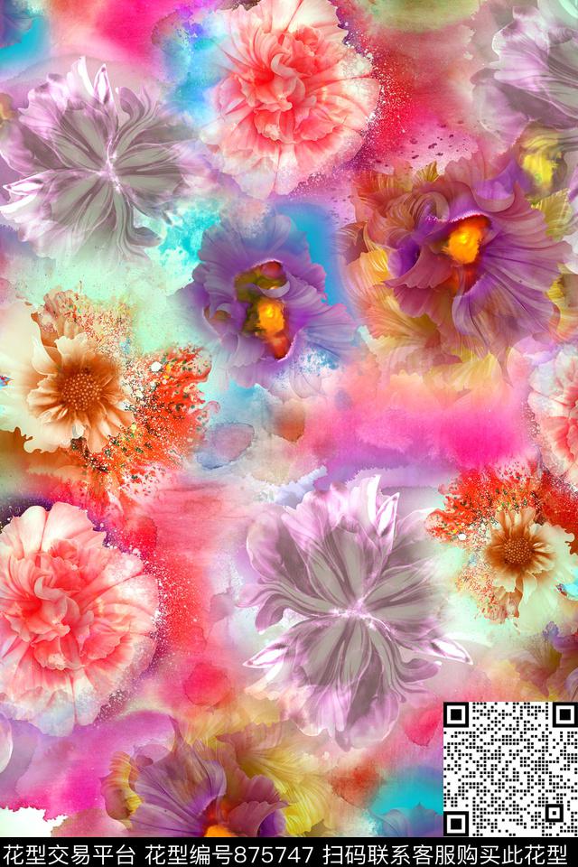 花卉大花抽象花数码印花华亿平台下载（图片编号: 875747） - 瓦栏（Walan）