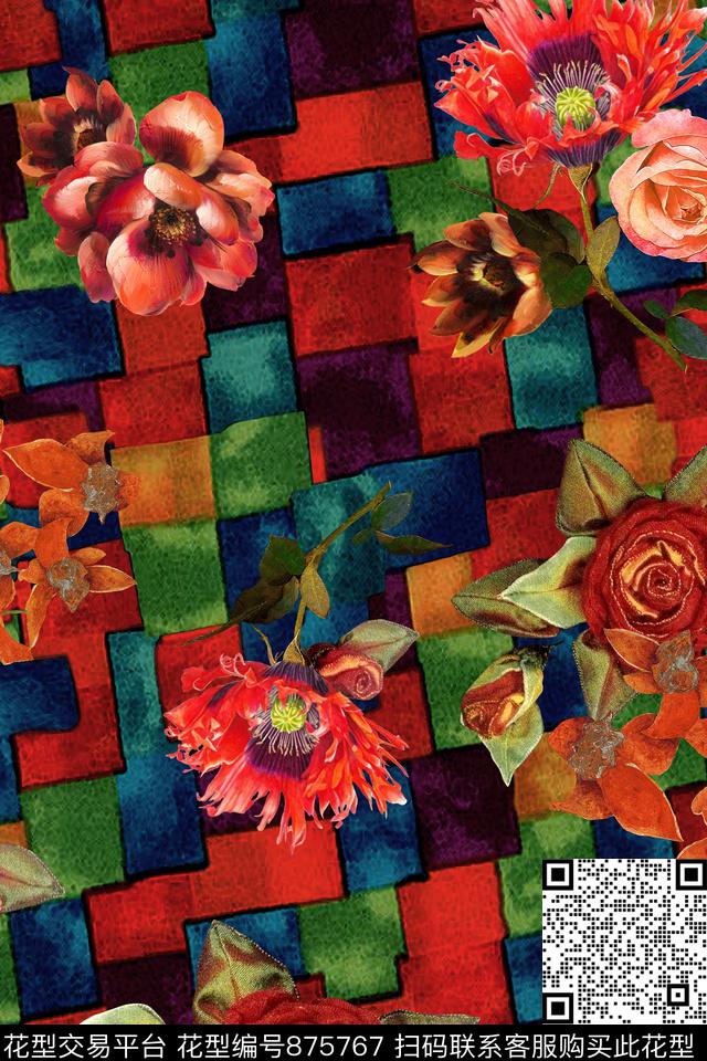 花卉油画几何数码印花华亿平台下载（图片编号: 875767） - 瓦栏（Walan）