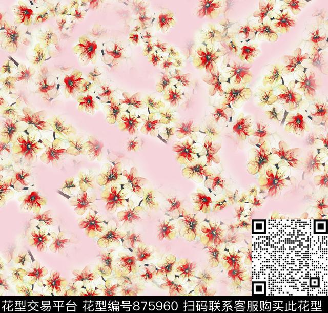 花卉小碎花桃花数码印花华亿平台下载（图片编号: 875960） - 瓦栏（Walan）