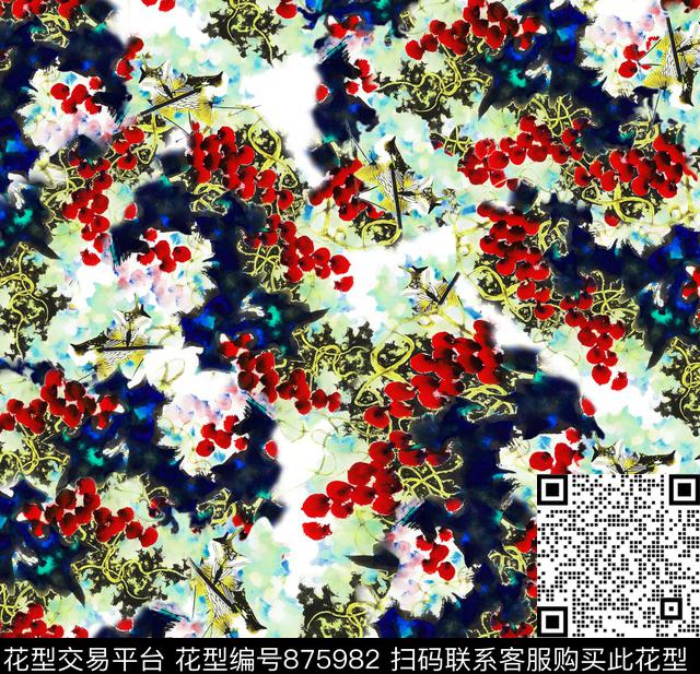 水墨画写意葡萄果实数码印花华亿平台下载（图片编号: 875982） - 瓦栏（Walan）