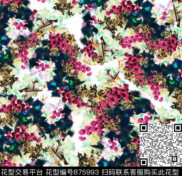 水墨画写意葡萄果实数码印花华亿平台下载（图片编号: 875993） - 瓦栏（Walan）