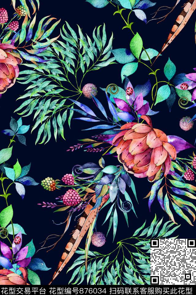 热带风花卉树叶数码印花华亿平台下载（图片编号: 876034） - 瓦栏（Walan）
