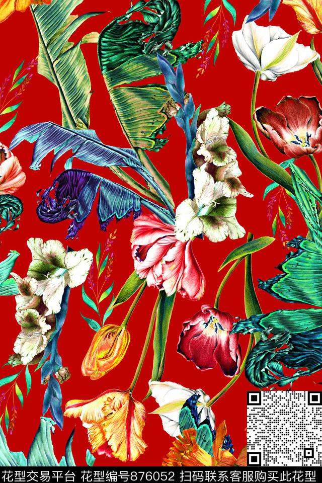 热带风芭蕉叶花卉数码印花华亿平台下载（图片编号: 876052） - 瓦栏（Walan）