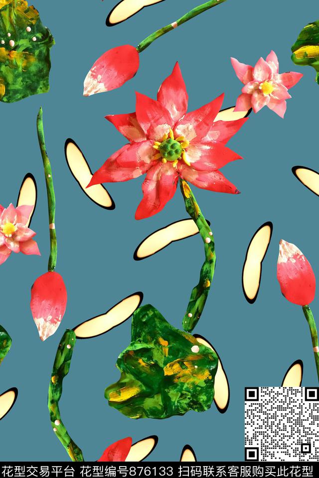荷花浓郁手绘传统印花华亿平台下载（图片编号: 876133） - 瓦栏（Walan）