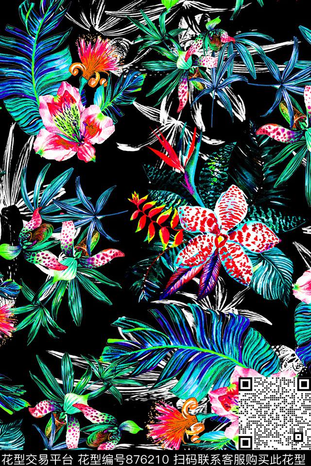 热带风花卉树叶数码印花华亿平台下载（图片编号: 876210） - 瓦栏（Walan）