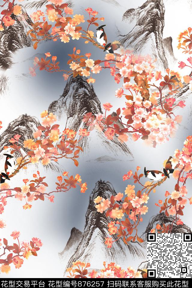 水墨花鸟山水画数码印花华亿平台下载（图片编号: 876257） - 瓦栏（Walan）