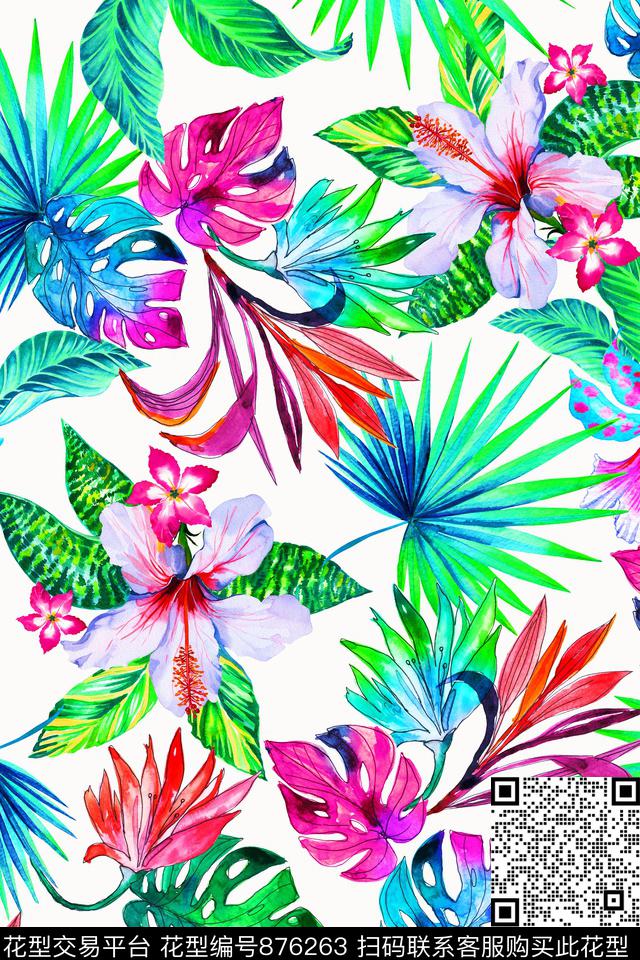 手绘热带植物花卉数码印花华亿平台下载（图片编号: 876263） - 瓦栏（Walan）