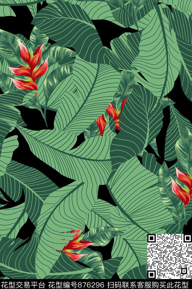 绿植树叶热带华亿平台天堂鸟花传统印花华亿平台下载（图片编号: 876296） - 瓦栏（Walan）