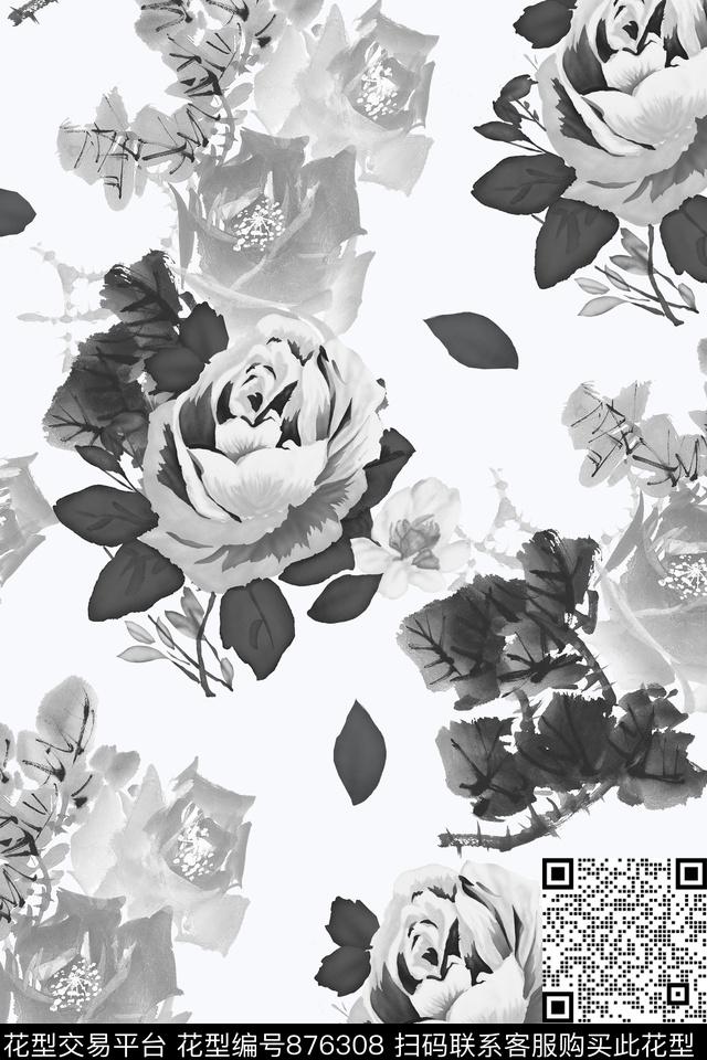 花卉水墨黑白数码印花华亿平台下载（图片编号: 876308） - 瓦栏（Walan）