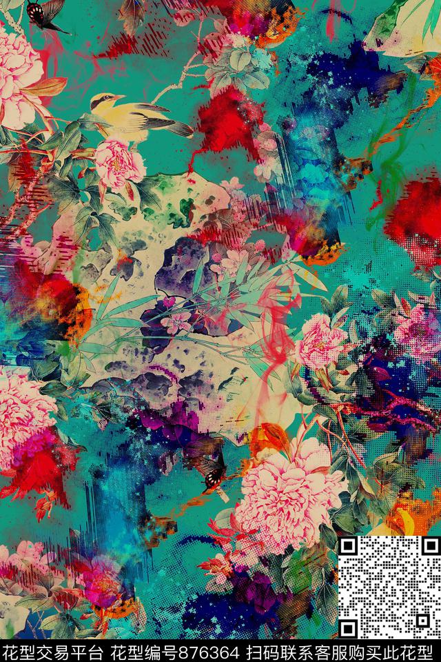 牡丹国画中国风数码印花华亿平台下载（图片编号: 876364） - 瓦栏（Walan）