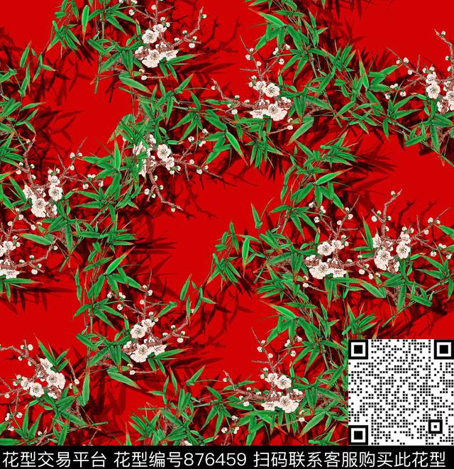 中国风竹子竹叶梅花数码印花华亿平台下载（图片编号: 876459） - 瓦栏（Walan）