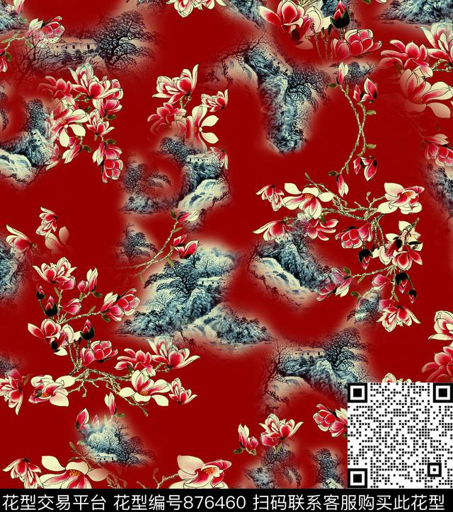 花卉玉兰花水墨房子数码印花华亿平台下载（图片编号: 876460） - 瓦栏（Walan）