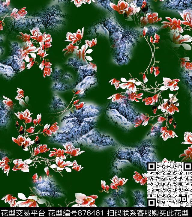 花卉玉兰花水墨房子数码印花华亿平台下载（图片编号: 876461） - 瓦栏（Walan）
