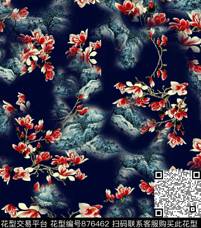 花卉玉兰花水墨房子数码印花华亿平台下载（图片编号: 876462） - 瓦栏（Walan）