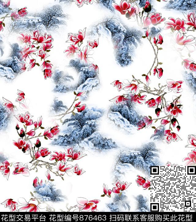 花卉玉兰花水墨房子数码印花华亿平台下载（图片编号: 876463） - 瓦栏（Walan）
