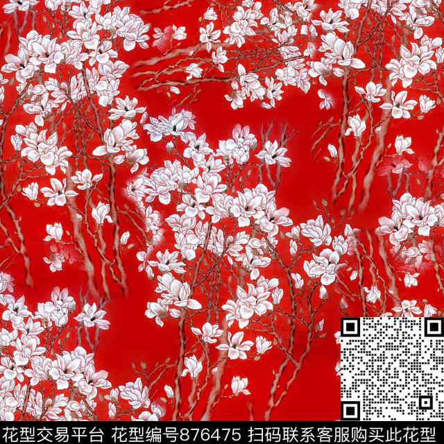 花卉满花玉兰花数码印花华亿平台下载（图片编号: 876475） - 瓦栏（Walan）