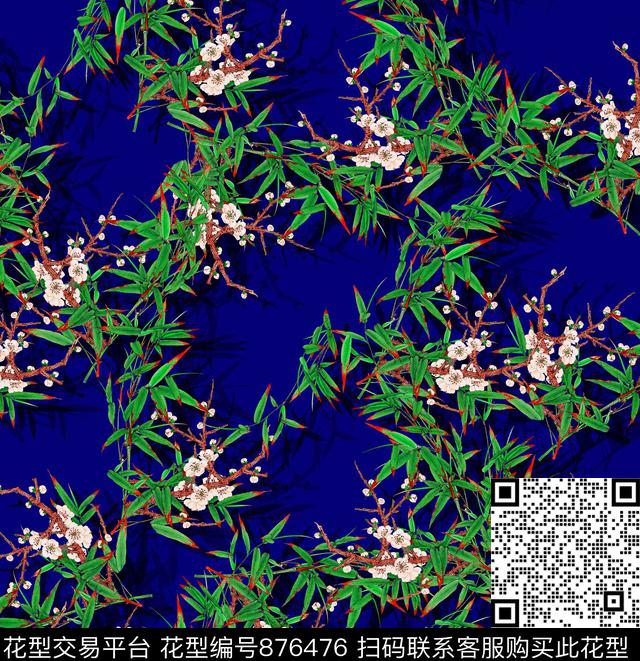 中国风竹子竹叶梅花数码印花华亿平台下载（图片编号: 876476） - 瓦栏（Walan）