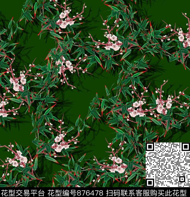 中国风竹子竹叶梅花数码印花华亿平台下载（图片编号: 876478） - 瓦栏（Walan）