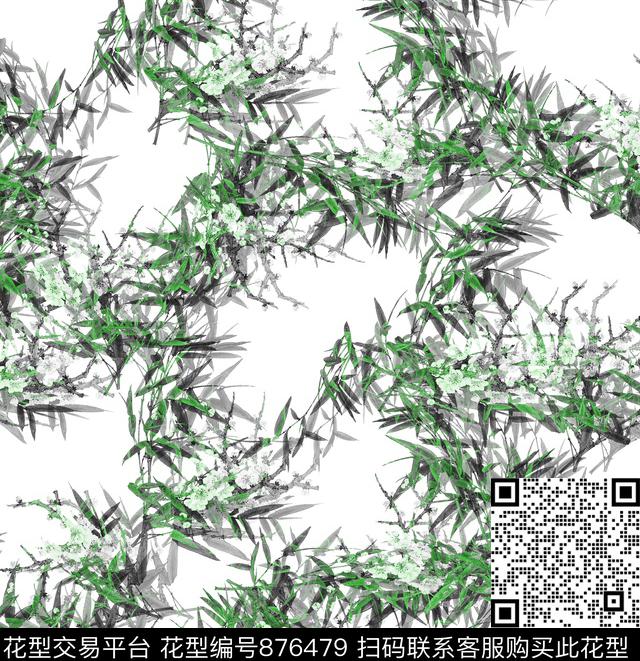 中国风竹子竹叶梅花数码印花华亿平台下载（图片编号: 876479） - 瓦栏（Walan）