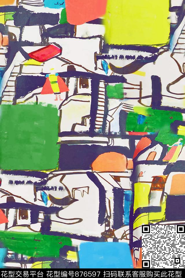 格子几何抽象数码印花华亿平台下载（图片编号: 876597） - 瓦栏（Walan）