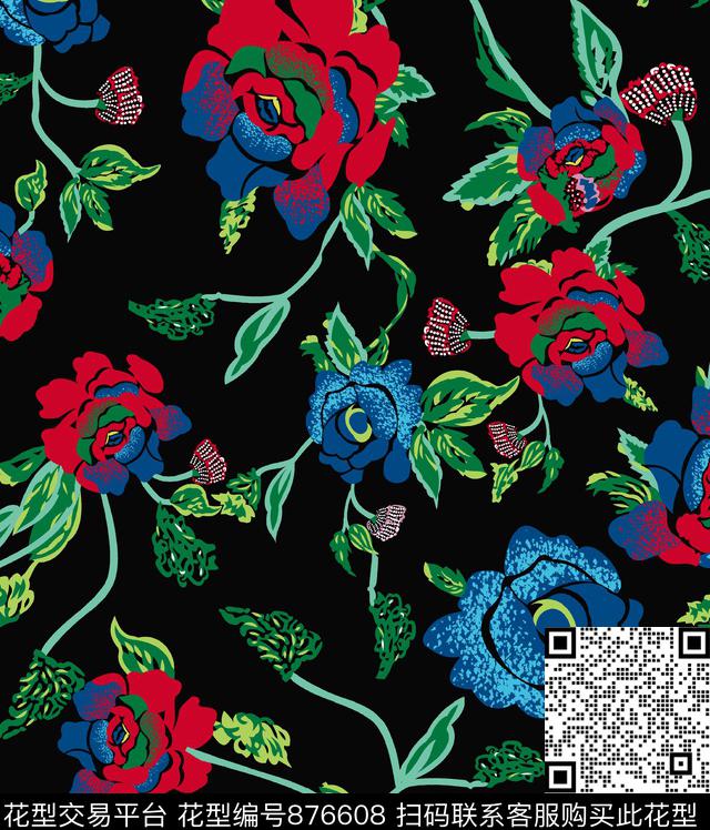 玫瑰大花花朵传统印花华亿平台下载（图片编号: 876608） - 瓦栏（Walan）