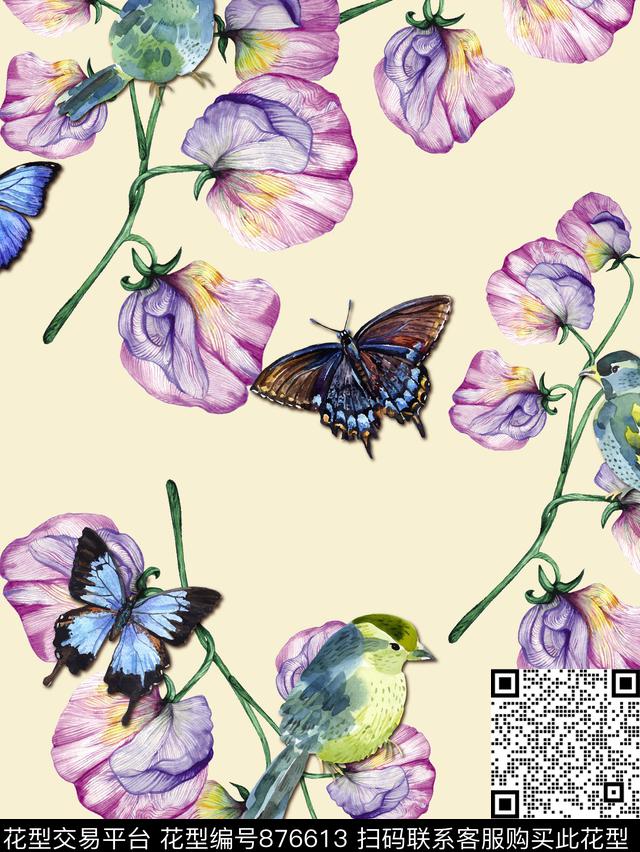 水彩蝴蝶鸟数码印花华亿平台下载（图片编号: 876613） - 瓦栏（Walan）