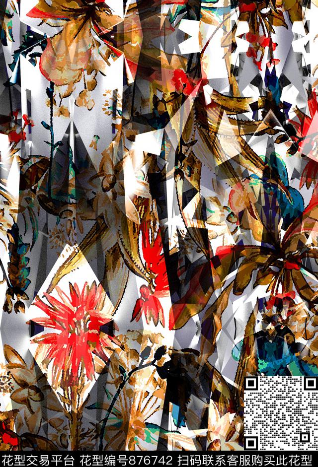 水印几何花卉数码印花华亿平台下载（图片编号: 876742） - 瓦栏（Walan）