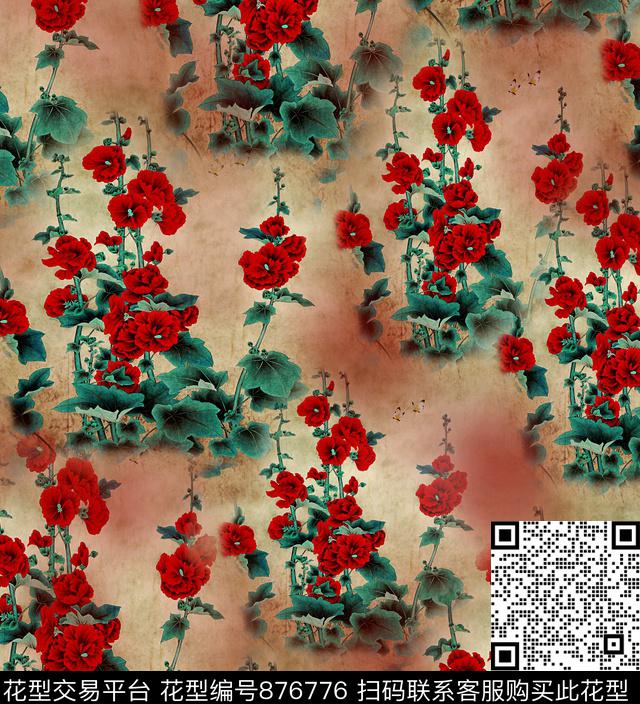 香云纱花卉芙蓉花数码印花华亿平台下载（图片编号: 876776） - 瓦栏（Walan）