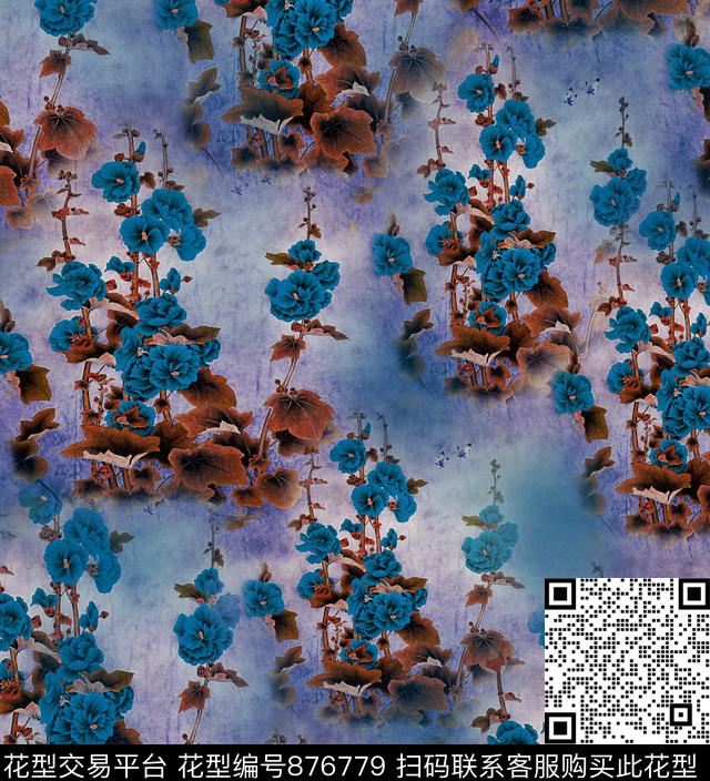 香云纱花卉芙蓉花数码印花华亿平台下载（图片编号: 876779） - 瓦栏（Walan）