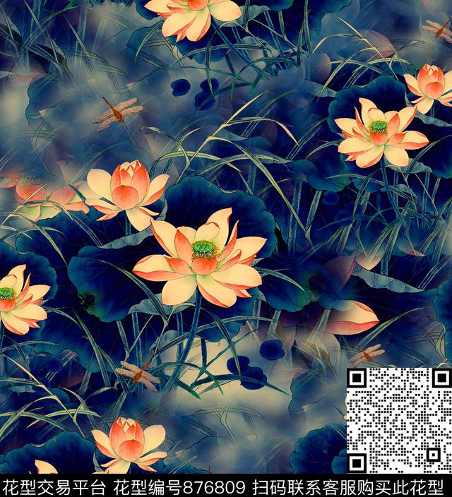 香云纱花卉荷花数码印花华亿平台下载（图片编号: 876809） - 瓦栏（Walan）