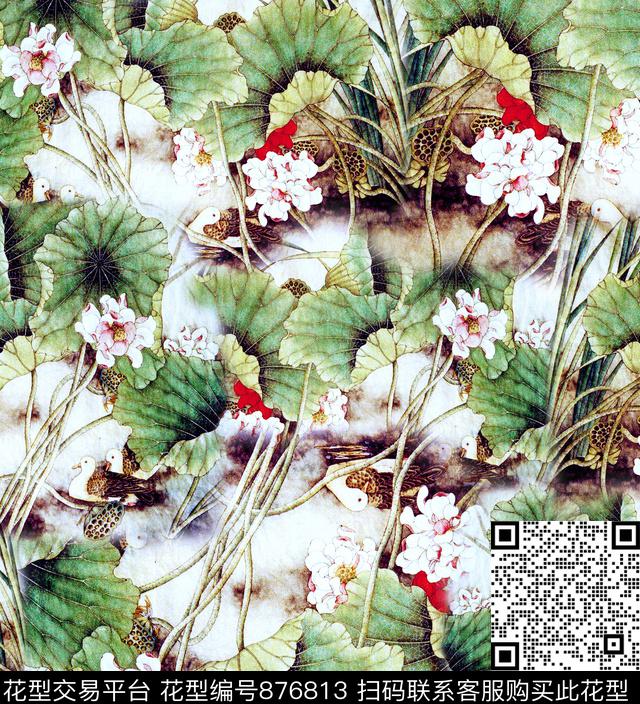香云纱荷花花卉数码印花华亿平台下载（图片编号: 876813） - 瓦栏（Walan）