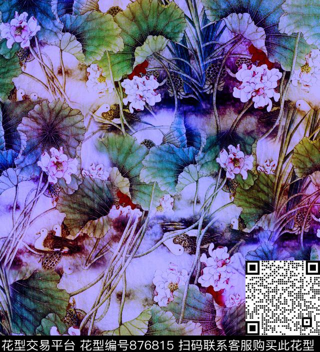 香云纱荷花花卉数码印花华亿平台下载（图片编号: 876815） - 瓦栏（Walan）