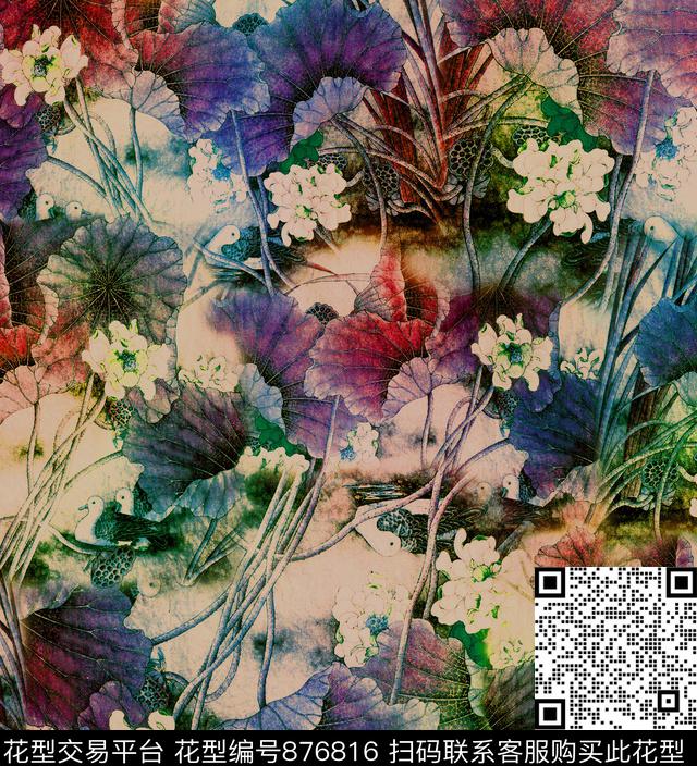 香云纱荷花花卉数码印花华亿平台下载（图片编号: 876816） - 瓦栏（Walan）