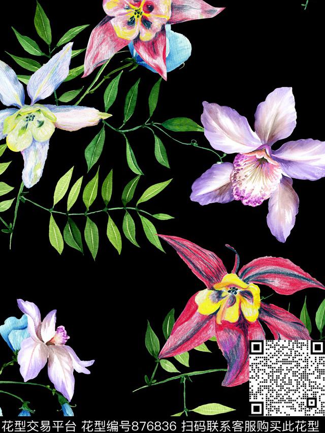 莲花荷花兰花数码印花华亿平台下载（图片编号: 876836） - 瓦栏（Walan）