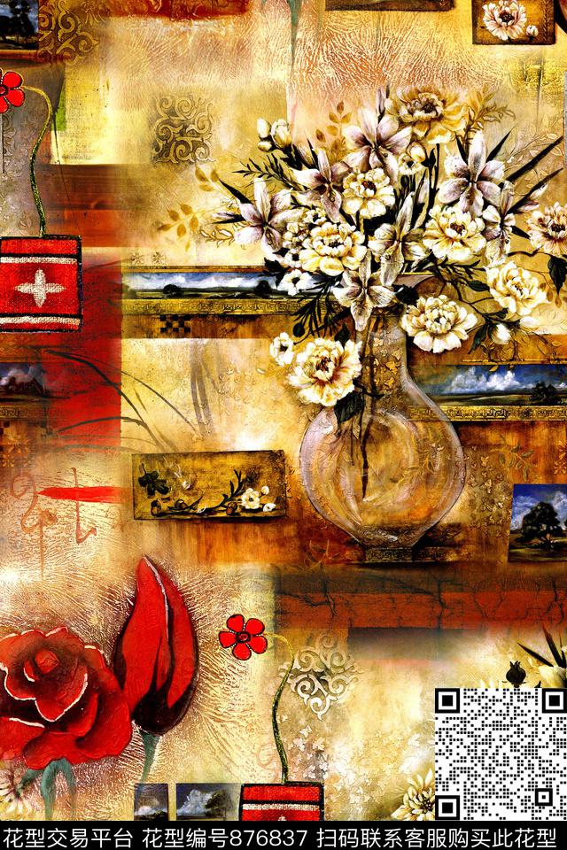 抽象几何油画数码印花华亿平台下载（图片编号: 876837） - 瓦栏（Walan）