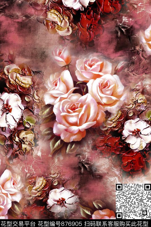 肌理玫瑰笔触数码印花华亿平台下载（图片编号: 876905） - 瓦栏（Walan）
