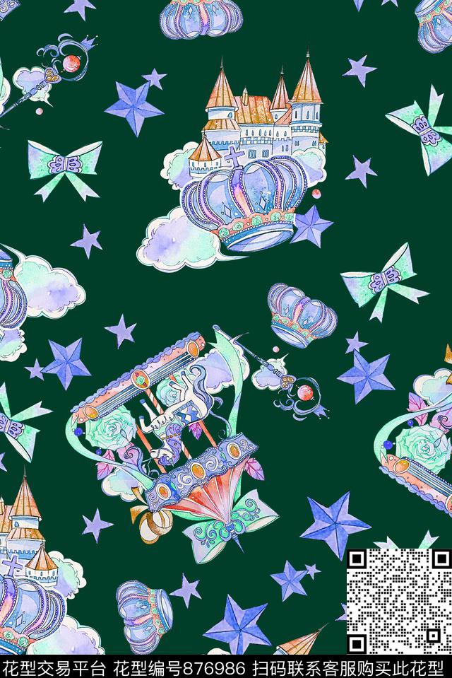 手绘旋转木马皇冠帽子数码印花华亿平台下载（图片编号: 876986） - 瓦栏（Walan）