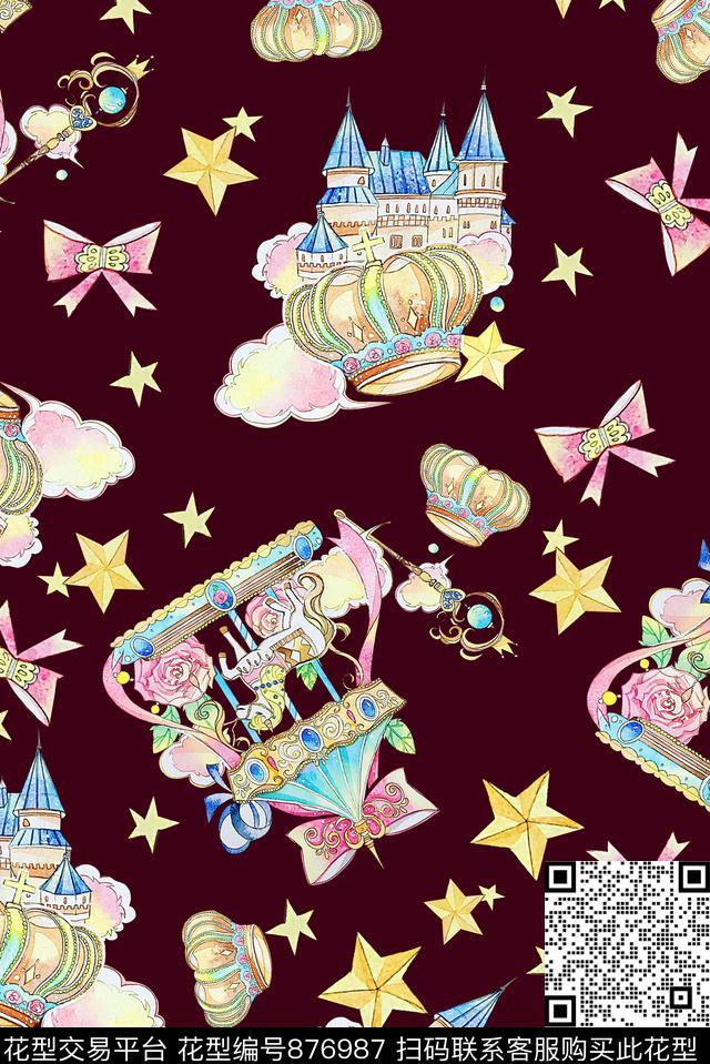 手绘旋转木马皇冠帽子数码印花华亿平台下载（图片编号: 876987） - 瓦栏（Walan）