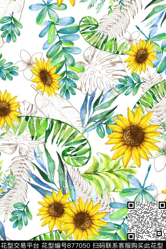 棕榈叶热带花卉数码印花华亿平台下载（图片编号: 877050） - 瓦栏（Walan）