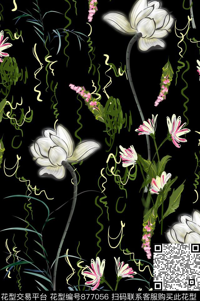 荷花花朵花卉数码印花华亿平台下载（图片编号: 877056） - 瓦栏（Walan）