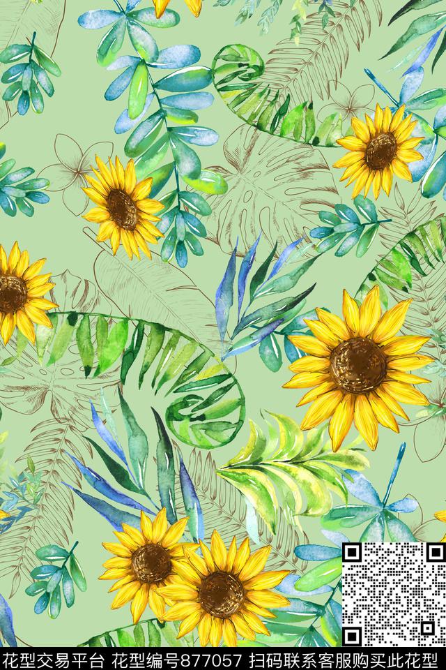 棕榈叶热带花卉数码印花华亿平台下载（图片编号: 877057） - 瓦栏（Walan）