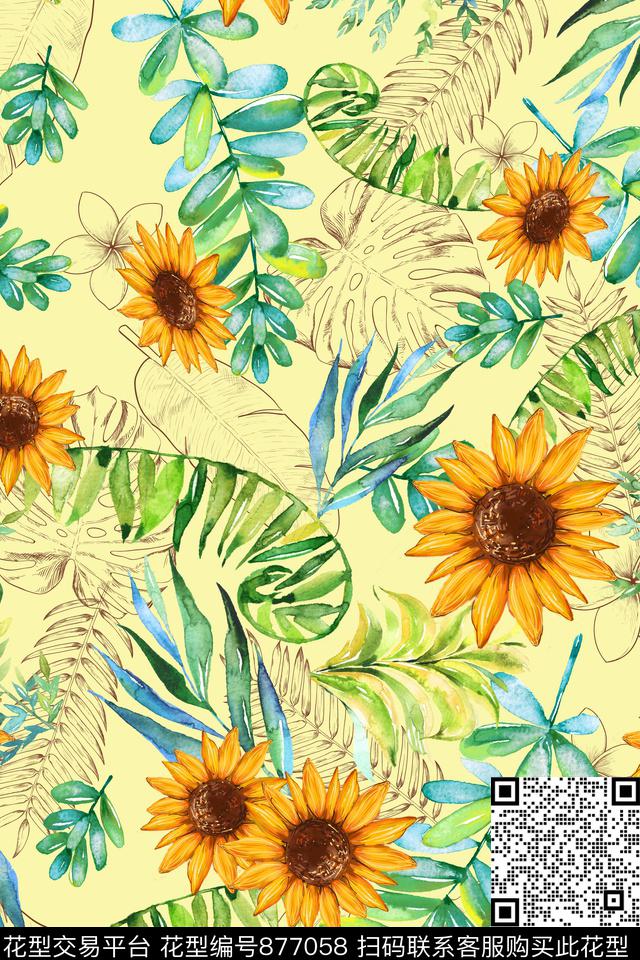 棕榈叶热带花卉数码印花华亿平台下载（图片编号: 877058） - 瓦栏（Walan）