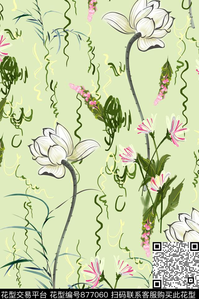 荷花花朵花卉数码印花华亿平台下载（图片编号: 877060） - 瓦栏（Walan）