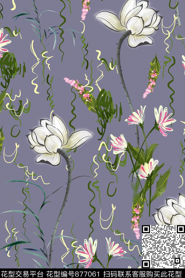荷花花朵花卉数码印花华亿平台下载（图片编号: 877061） - 瓦栏（Walan）